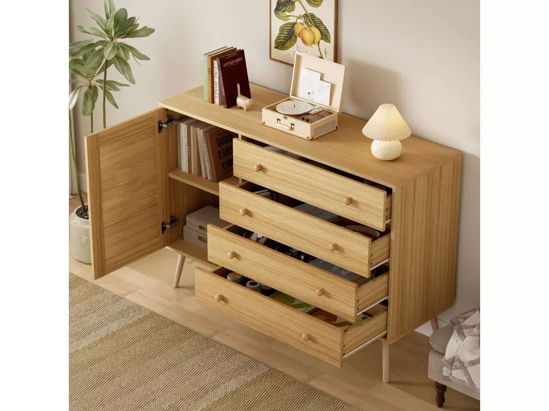 Buffet 120x40x836cm - Armoire avec 4 tiroirs et 1 porte en rotin - en bois MDF+PB - coloris bois