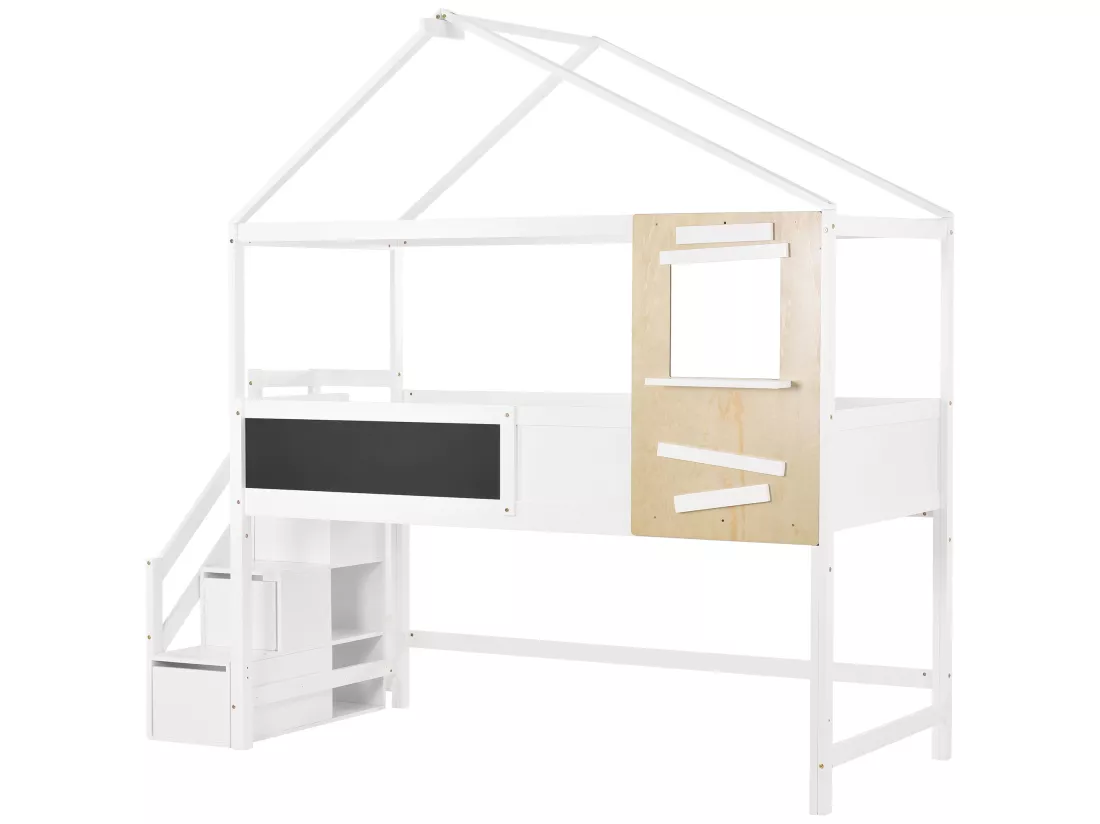 Lit mezzanine cabane 90x200cm avec escalier de rangement(3 tiroirs) en bois massif - Blanc