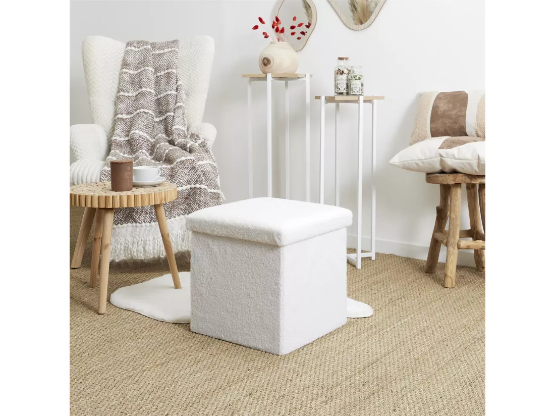 Coffre Pouf Pliable Bouclette Blanc - Lot de 4