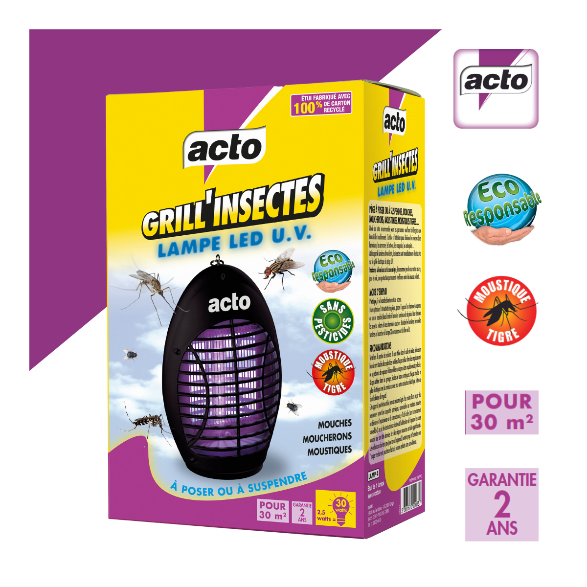 Acto grill'insectes lampe led u.v. 30 m² - votre alliée contre les insectes vola