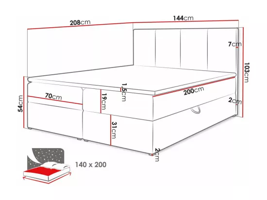 Lit continental Baltimore 147, Continental, Double, Noir, 140x200, Tapisserie, 144x208cm