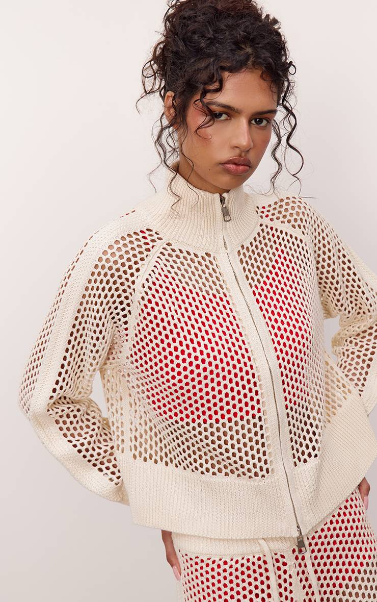 Crème Cardigan De Jogging En Maille Crochet Avec Détails Rayés