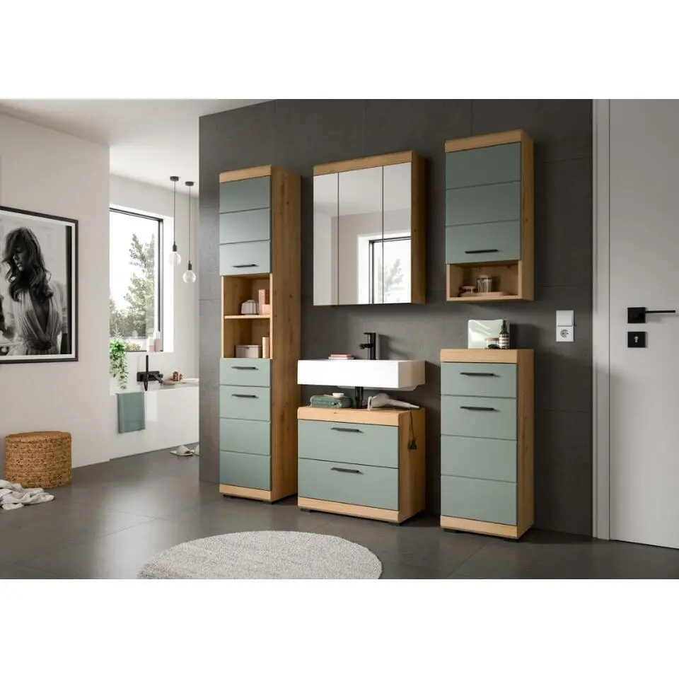 Hioshop Scout badkamerkast wandgemonteerd 1 deur- 1 plank salvie decor- eiken