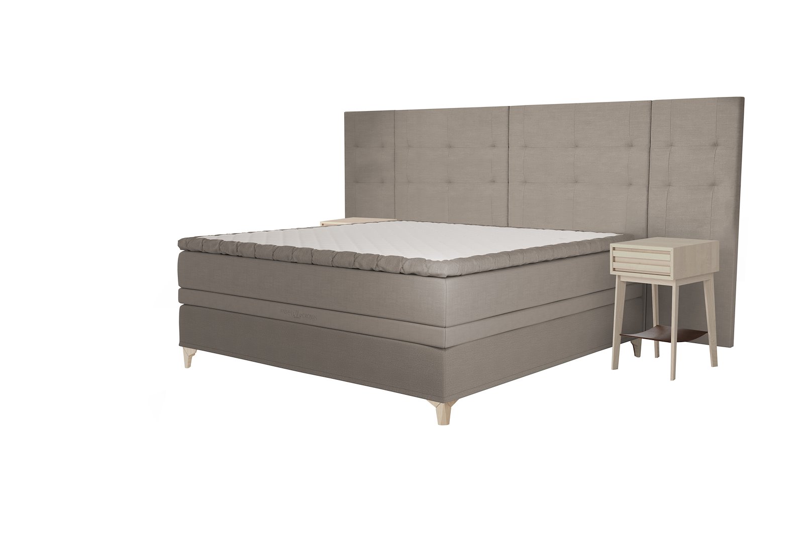 Majestic Crown kontinentalseng Tekstil 030/031 beige. 210x210 cm med Majestic overmadrass og Exact funksjon. Medium/Medium. Eicon ben hvitlasert eik. Uten hodegavl