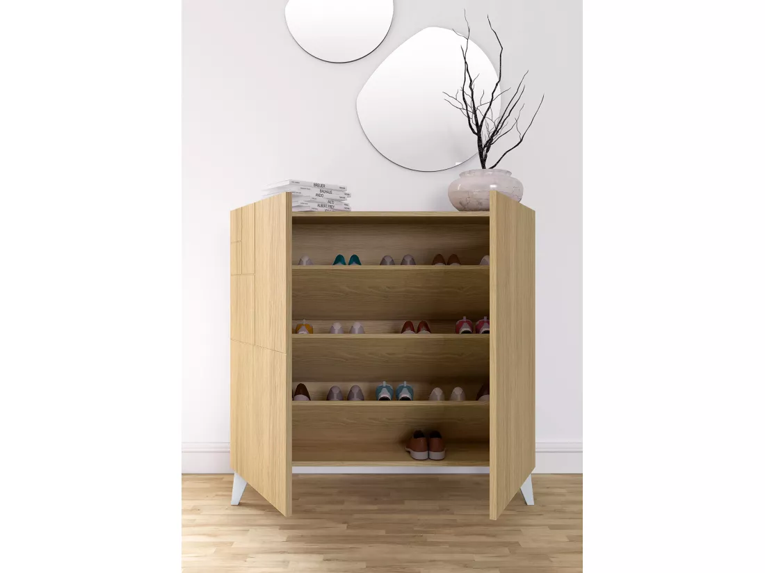 Meuble à chaussures/rangement - H87cm x L90cm x P27cm chêne dore pieds blanc – Bergen