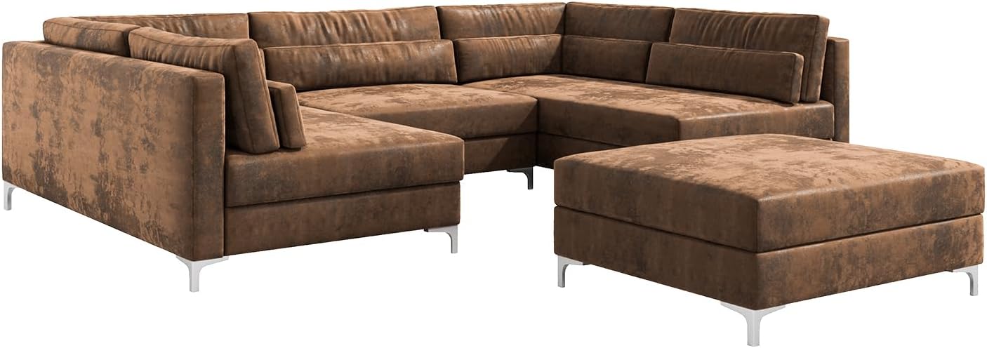 DELIFE Sofa Elio Lederimitat Vintage Braun Antik 300x185 cm mit Hocker Wohnlandschaft