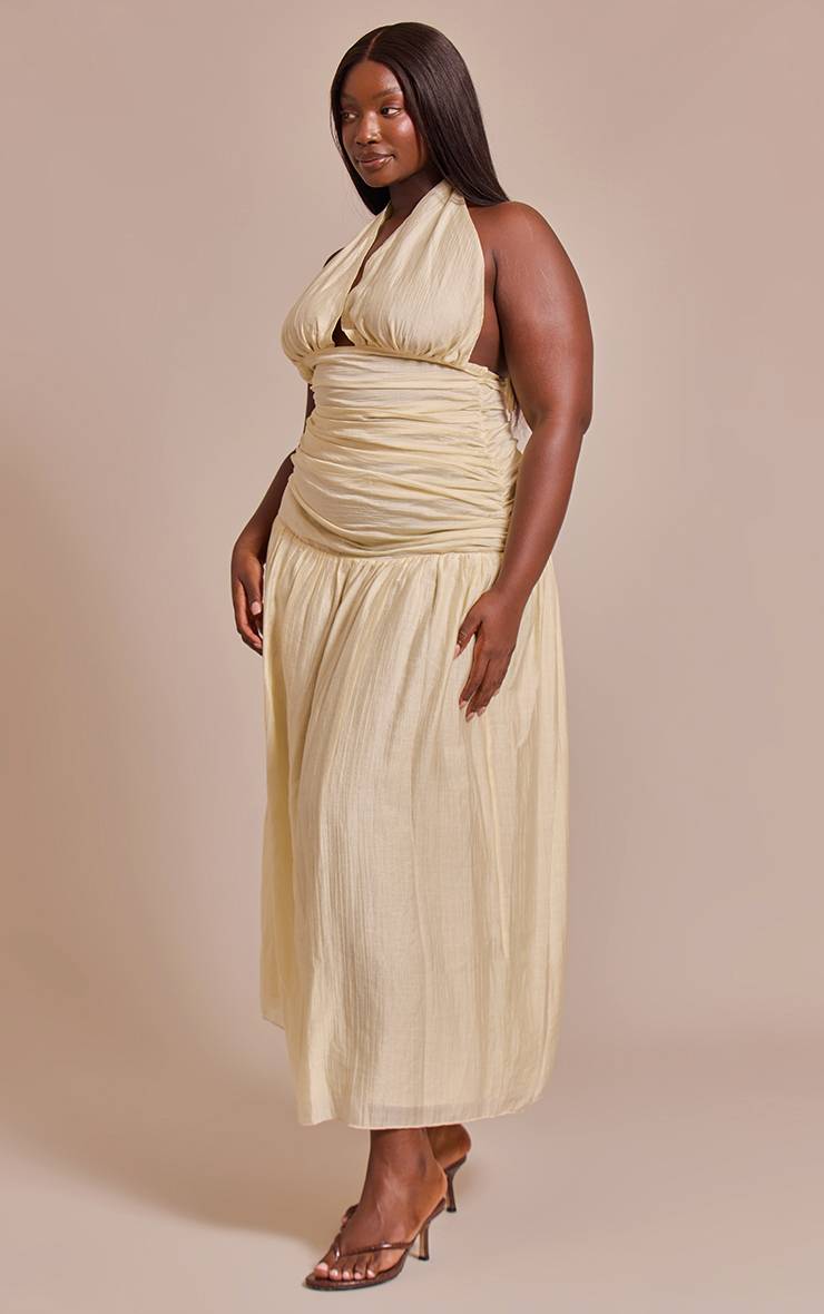 Pale Lime Robe Maxi Grande Taille À Col Licou En Tissu Froissé Texturé