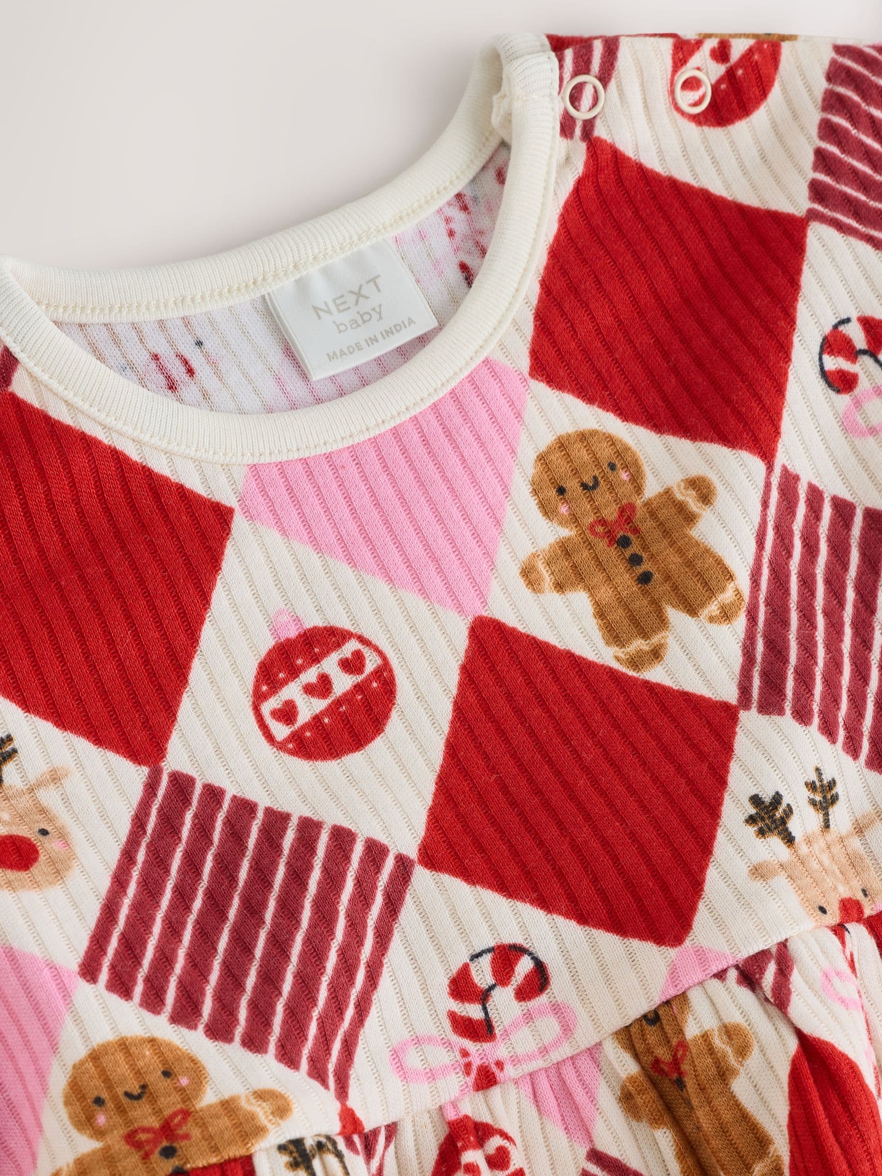 Rood/Roze Harlequin personage - Jersey babyjurk met kerstprint (0mnd -2jr)