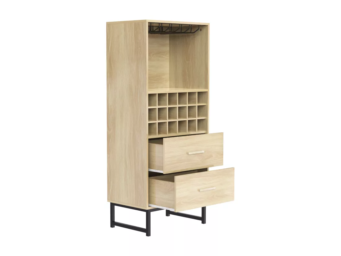 Buffet de cuisine avec casier à vin 18 bouteilles et 2 tiroirs - 60 x 39.5 x 141 cm - Panneau de particules - Coloris bois