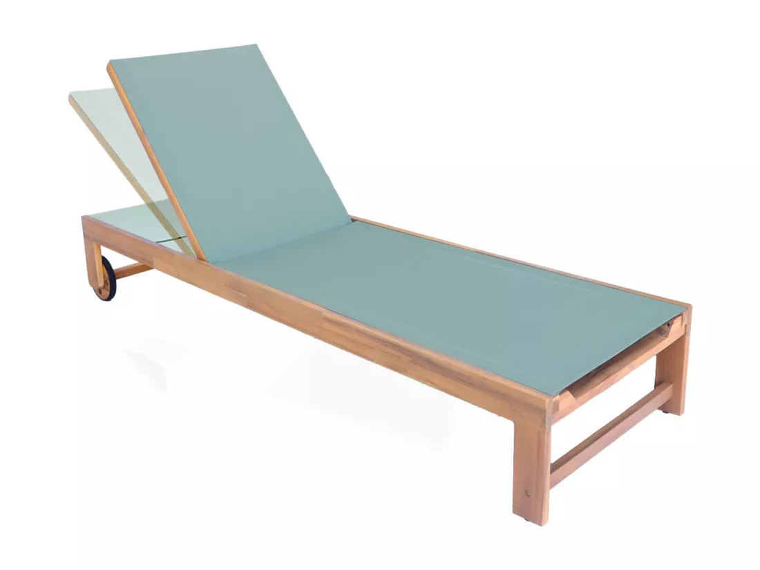 Lot de 2 bains de soleil en bois d'acacia et textilène kaki. multi positions avec roulettes