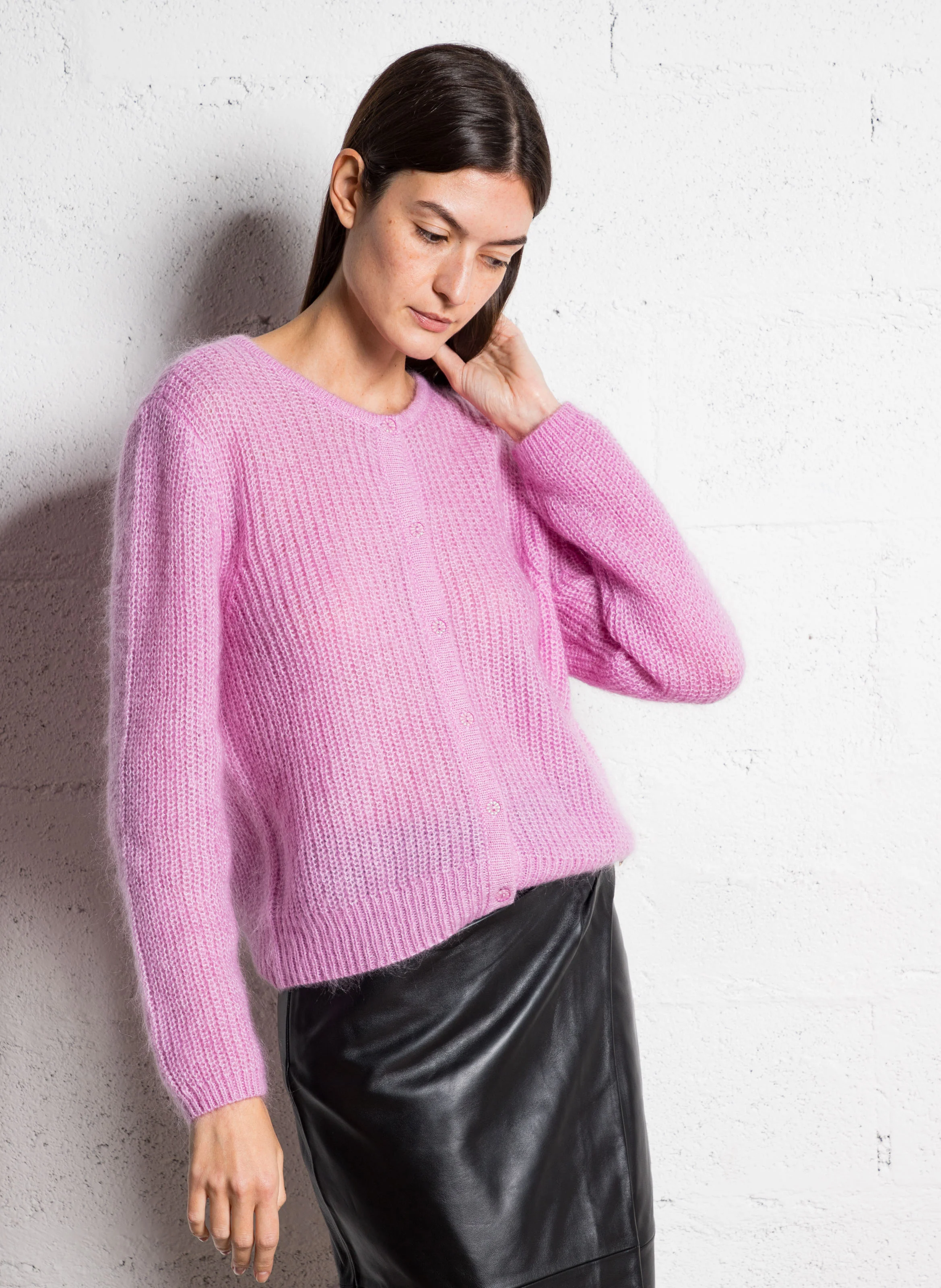 BULLY - Gilet col rond doit en maille | Rose