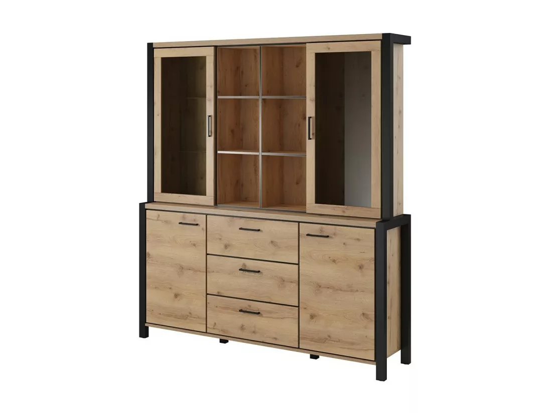 Ensemble buffet et huche avec éclairage LED collection BOWIE. Meuble 4 portes, 3 tiroirs. Couleur chêne et noir