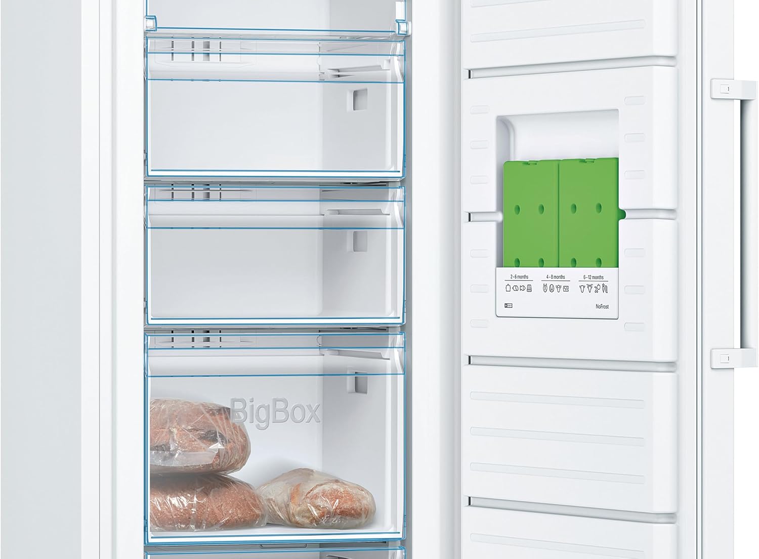 Bosch GSN33FWEV, Serie 4, Freistehender Gefrierschrank, 176 x 60 cm, 225 l Gefrieren, No Frost, Big Box Schublade für großes Gefriergut, Flexibler Innenraum dank Vario Zone, Multi AirFlow, Weiß
