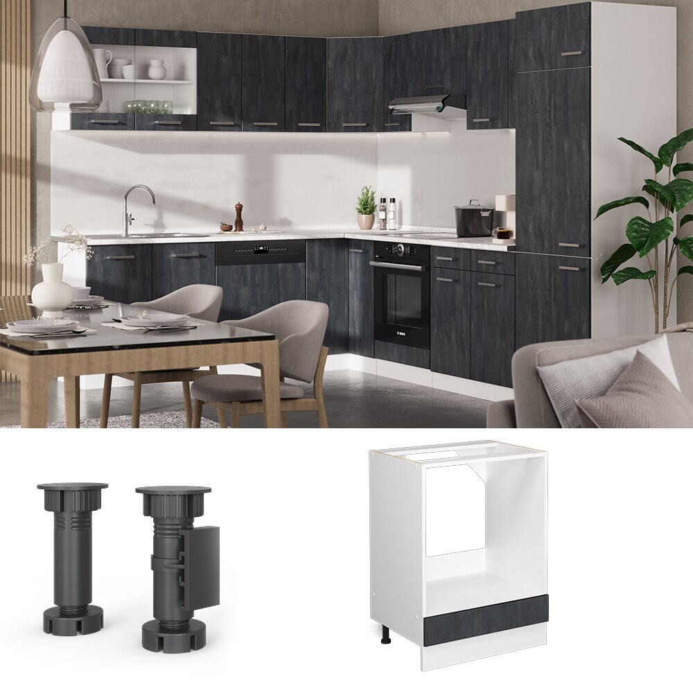Vicco Herdumbauschrank R-Line Schwarz Beton Weiß 60 cm mit Arbeitsplatte Anthrazit