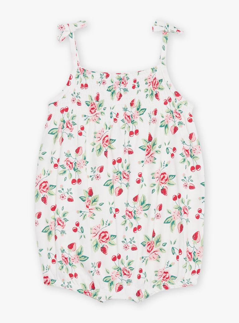 Barboteuse blanche et rouge en jersey à imprimé cerises, fraises et bouquet de fleurs