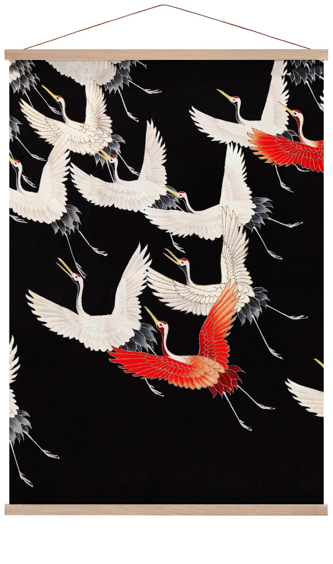 Weiße Kraniche und ein roter fliegender Kimono