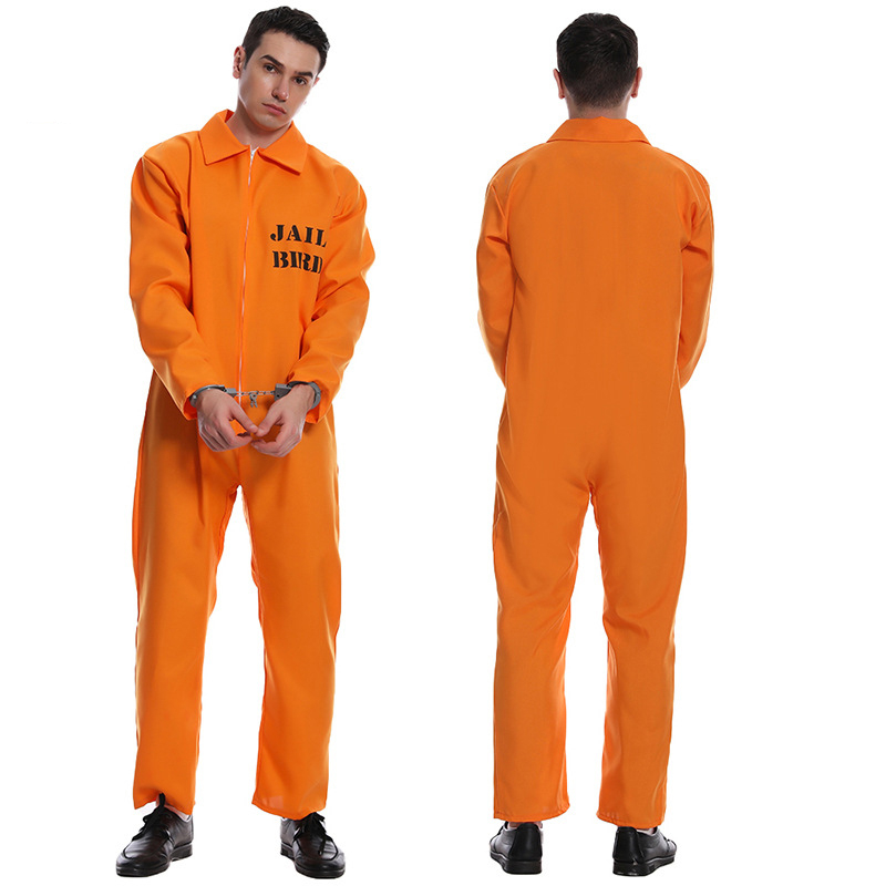 (180-185cm) Fasnachts Erwachsenen Kostüm Gefangener Overall Sträfling Verkleidung inkl. Handschellen für Motto Partys / Halloween - Orange