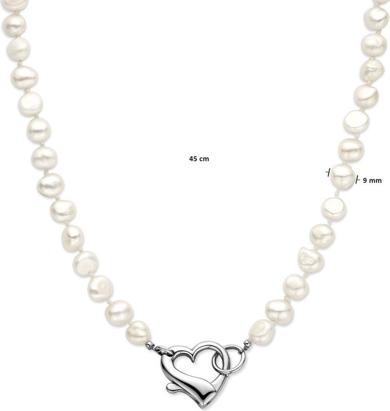 Zilver - Gerhodineerde Collier - Parels en Hart - 9 mm - 45 cm