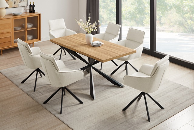 GOODproduct Essgruppe »Cusey, besteht aus einem Esstisch und vier Stühlen« Set, Stühle drehbar, Esstisch 160 cm, 4 cm starke Tischplatte, 5 Stk. tlg. kratzfester Tisch in Holzoptik, drehbare Stühlen, atmungsaktivem Stoff