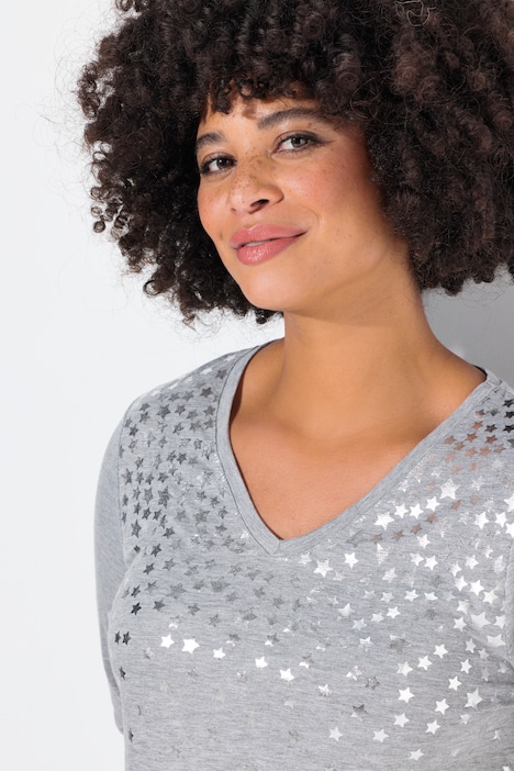 T-Shirt, A-Linie, silberner Sternendruck, Langarm