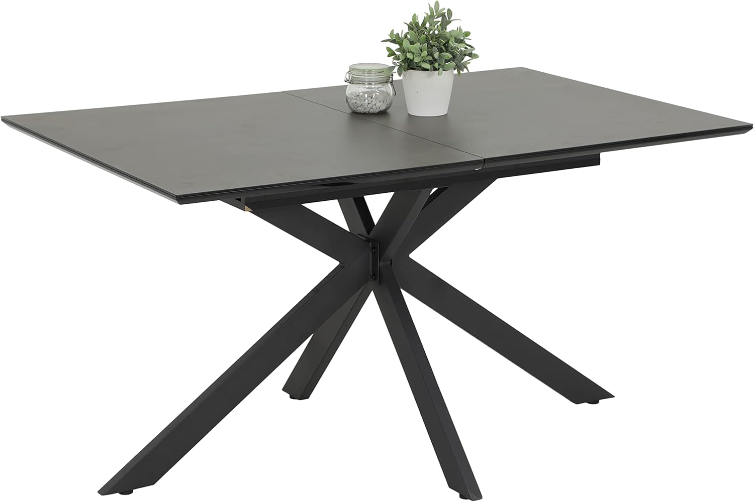 Hela Tische, Esstisch Ausziehtisch Fenja, Holzwerkstoff + 5mm Glasplatte, Keramikoptik Schwarz, Spinnengestell Anthrazit, ausziehbar 140-180x90cm