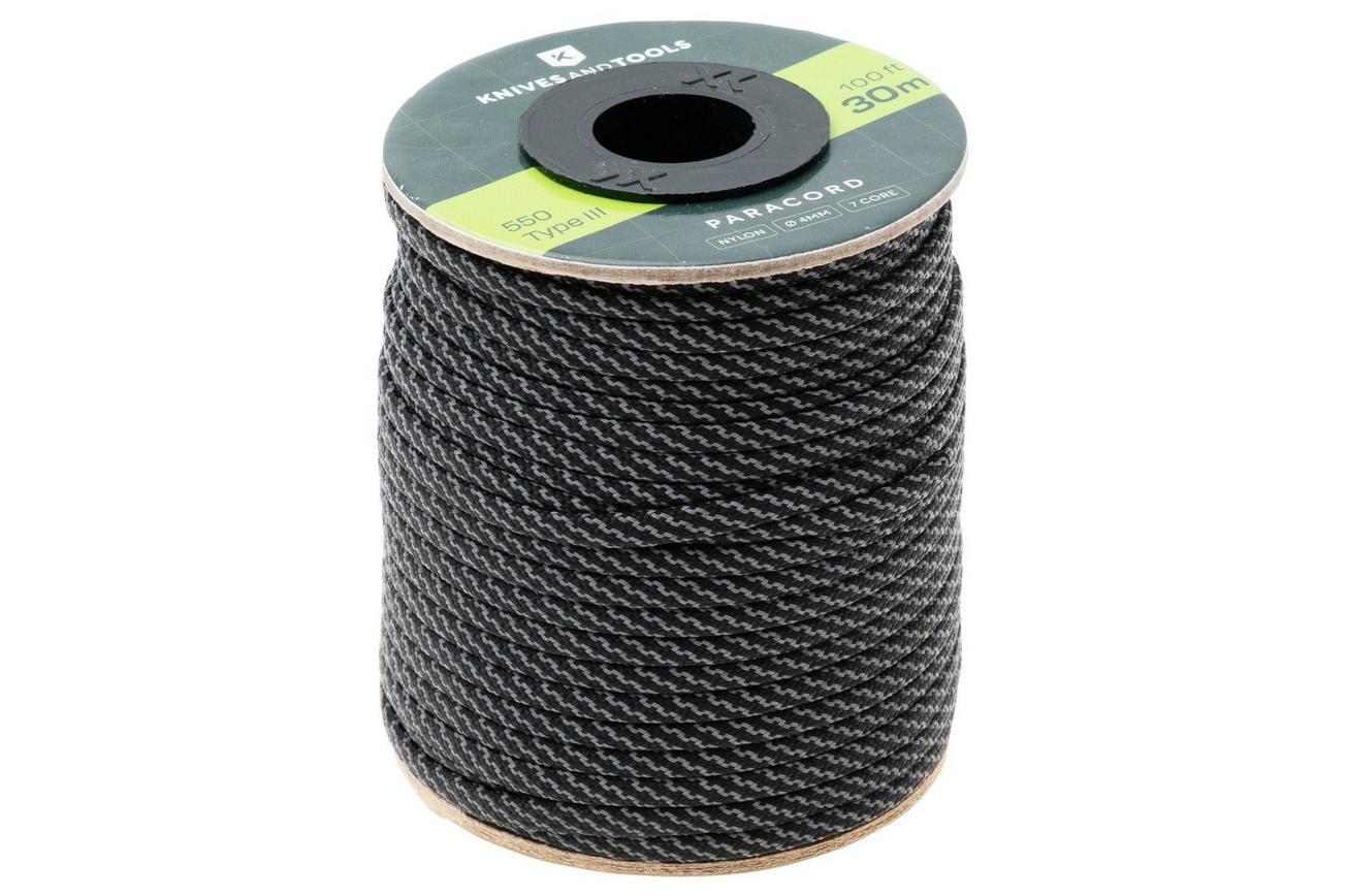 Knivesandtools 550 Paracord Type III, Super Reflective Black Twist, 100ft (30 m)
