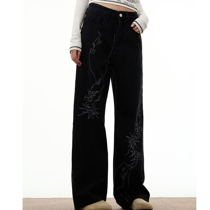 Rosesand - Low Rise geborduurde straight-fit jeans met wijde pijpen