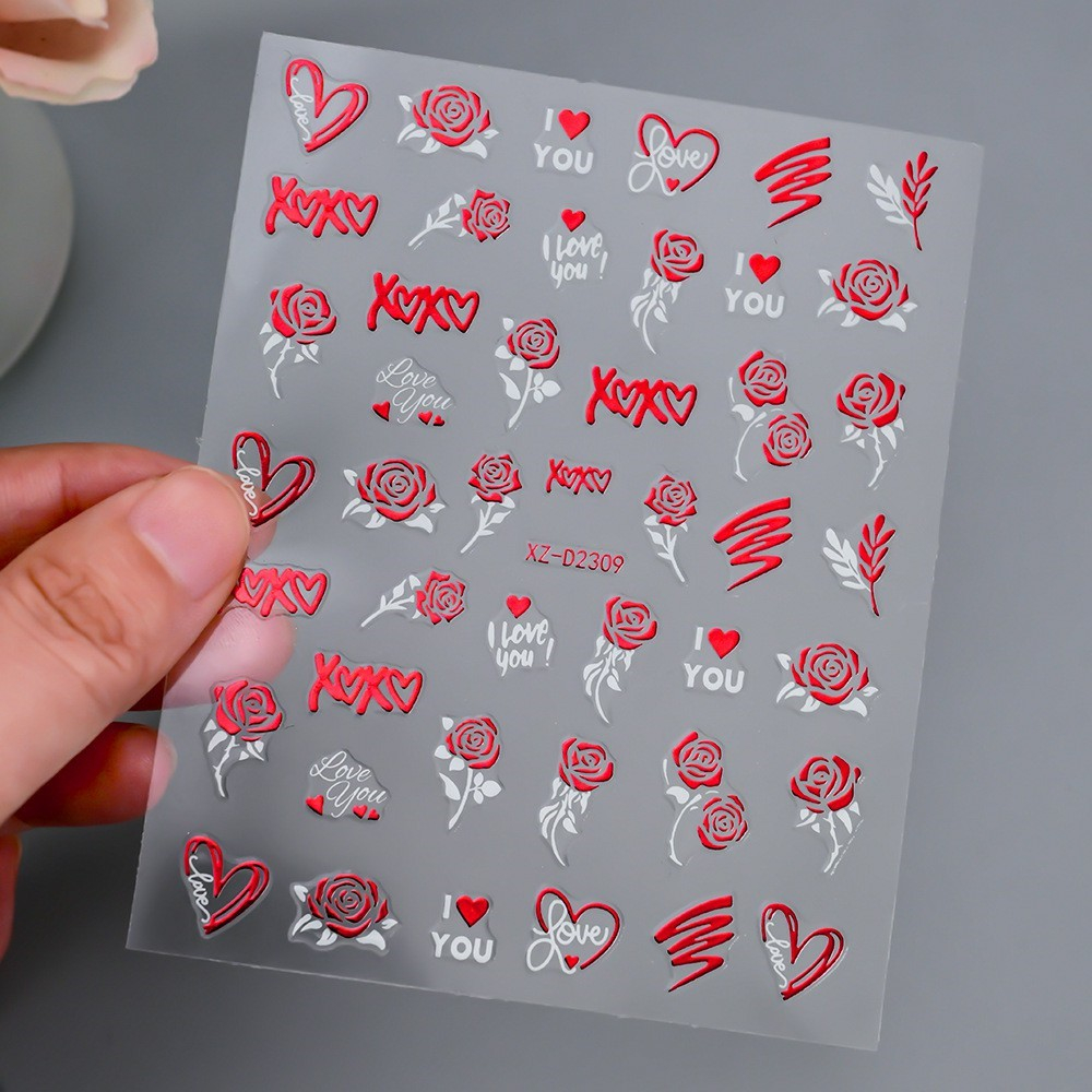(808-tlg. Set) Nagel Sticker Nail Art Tattoo Selbstklebende Aufkleber Valentinstag - Rot / Weiss