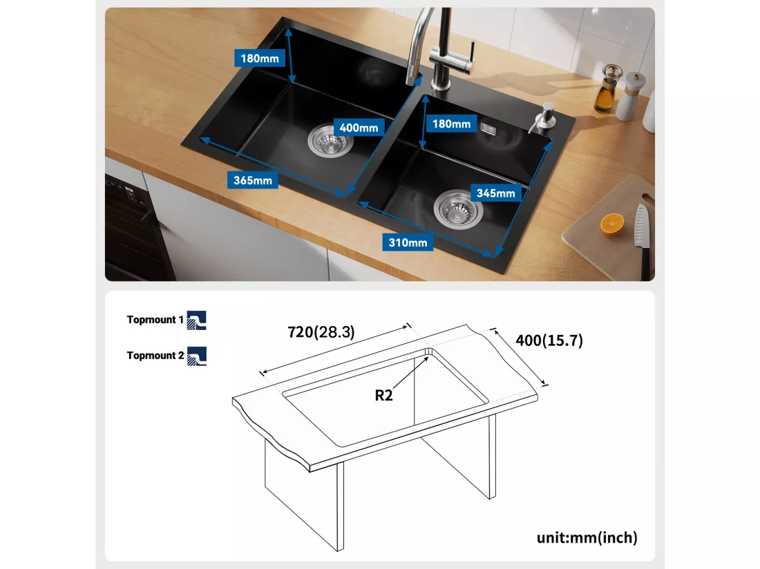 AuraLum Max Évier à Encastré/à Poser 2 Bacs avec Distrubuteur de savon/Ensemble de drainage,Évier 75x45x19cm Inoxydable pour Cuisine,Noir,EU Modèle