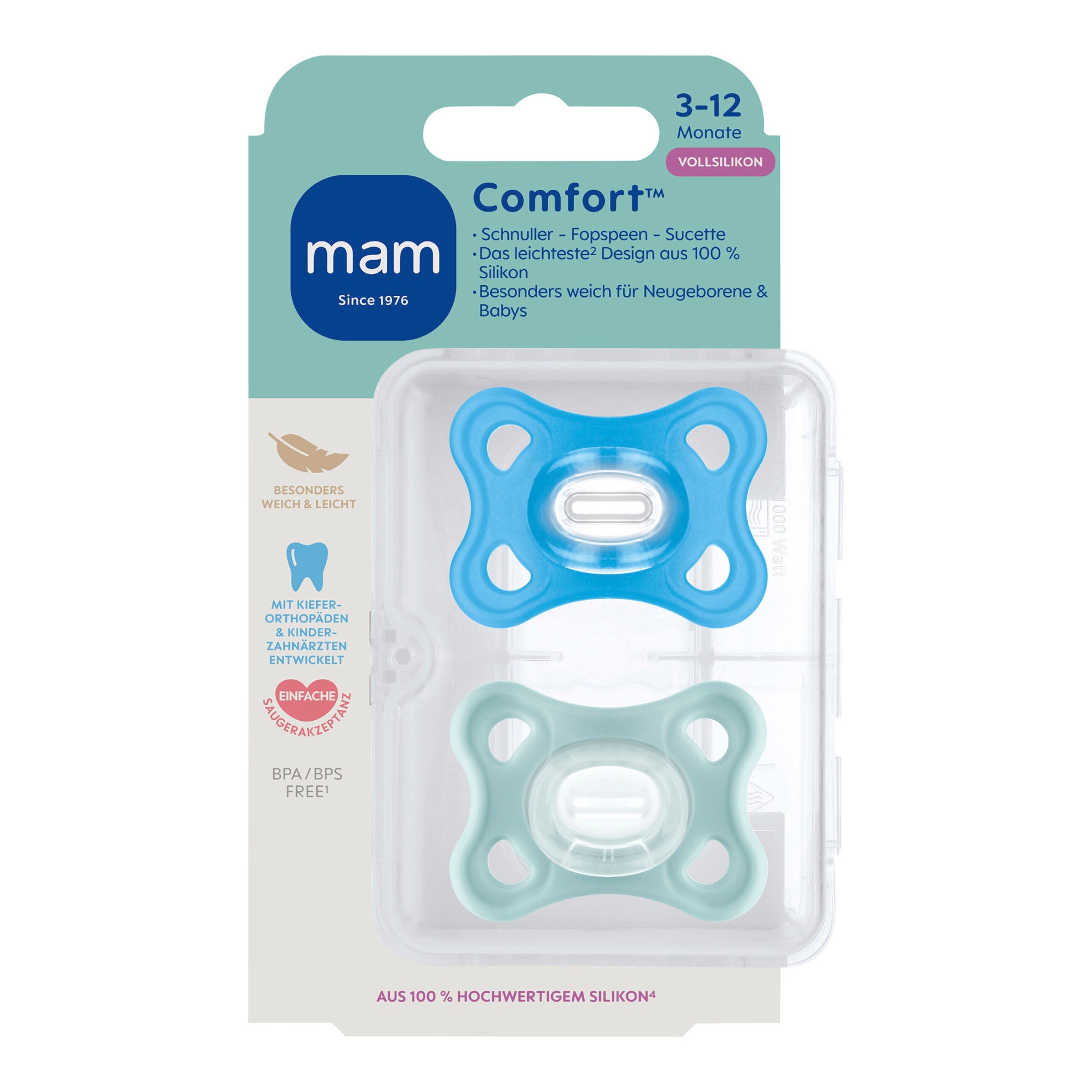 MAM 2er-Pack Schnuller Comfort Silikon 3-12M blau, türkis