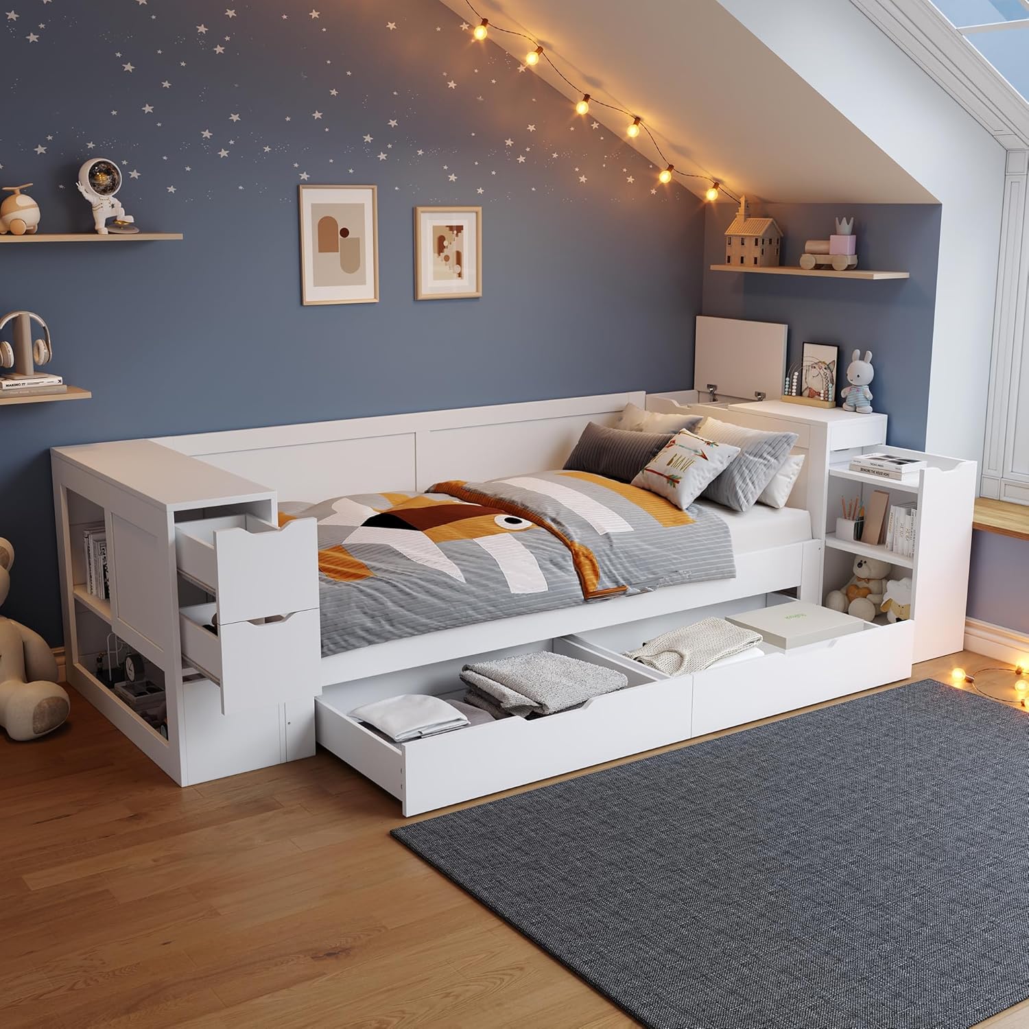 Kinderbett 90x200 cm, Einzelbett mit Regalen und Stauschrank, Stauraumbett mit Schubladen, Bettkasten mit Nachttischen, für Erwachsene und Jugendliche, Weiß, ohne Matratze