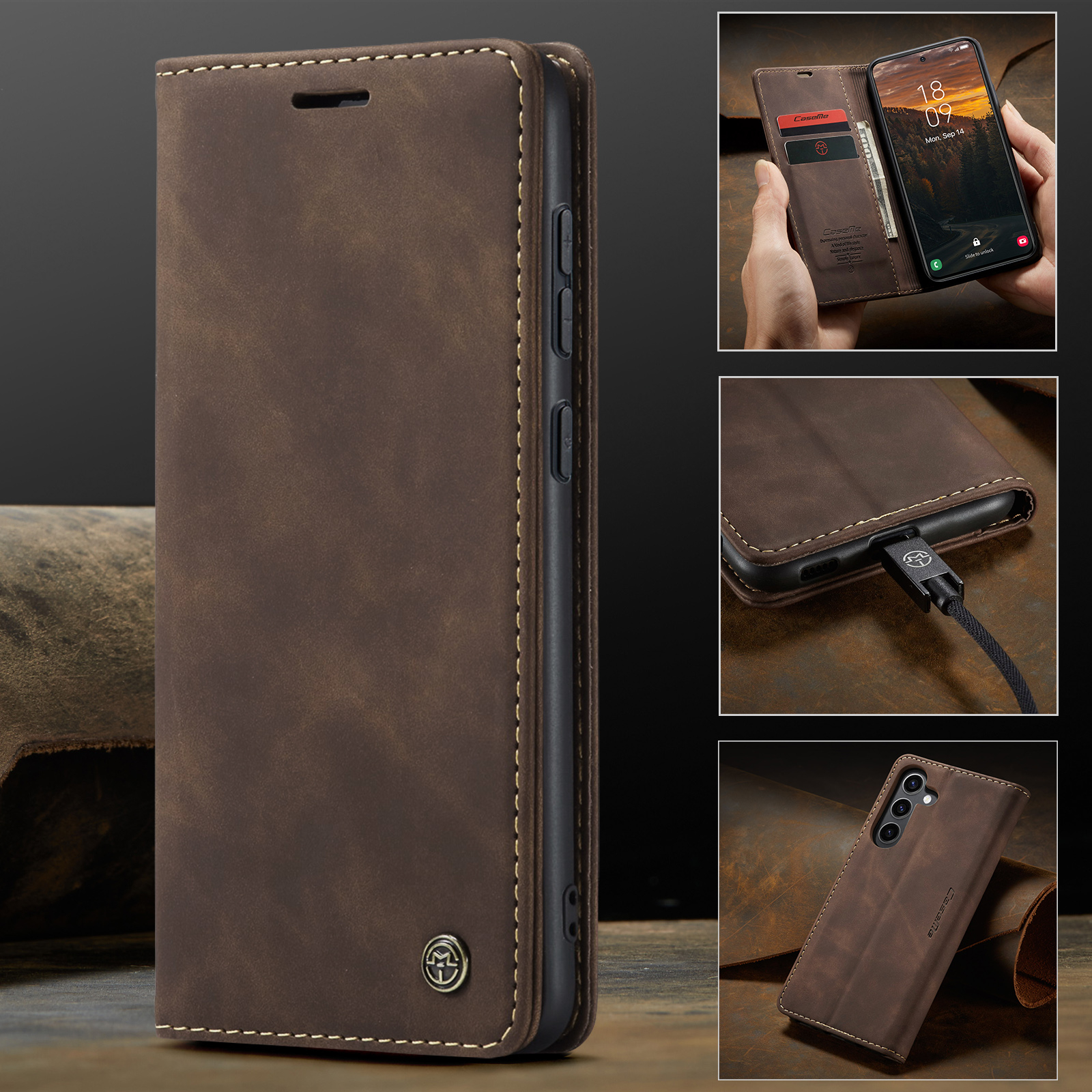 Samsung Galaxy S24 FE Leder Tasche Flip Wallet Etui mit Kartenfächern - Dunkelbraun
