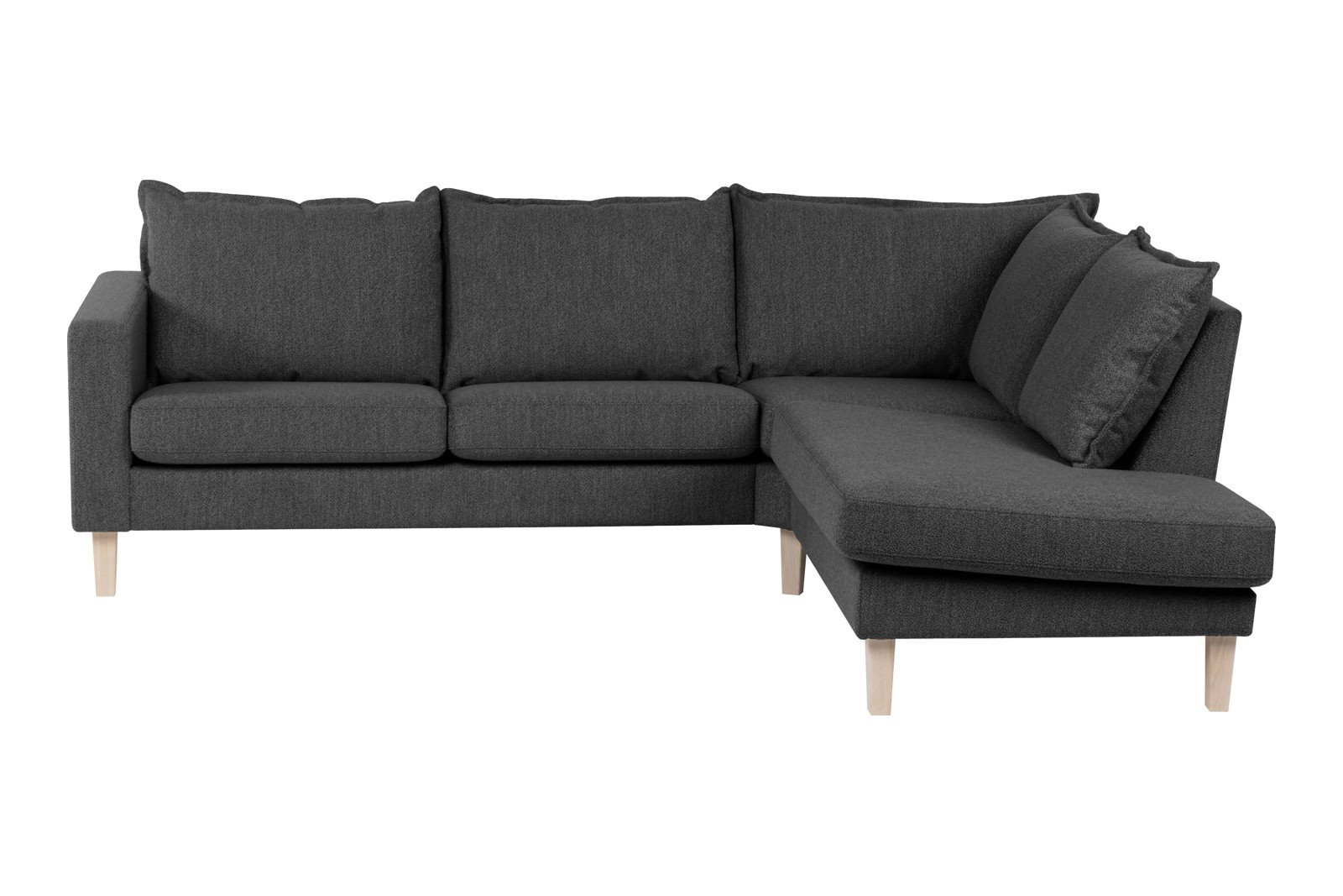 Slogen hjørnesofa Oppsett AH. 2,5-seter med åpen ende høyre. Tekstil Viva Dark Grey med soft ryggpute. Vange A og hvitpigmentert ben 178.