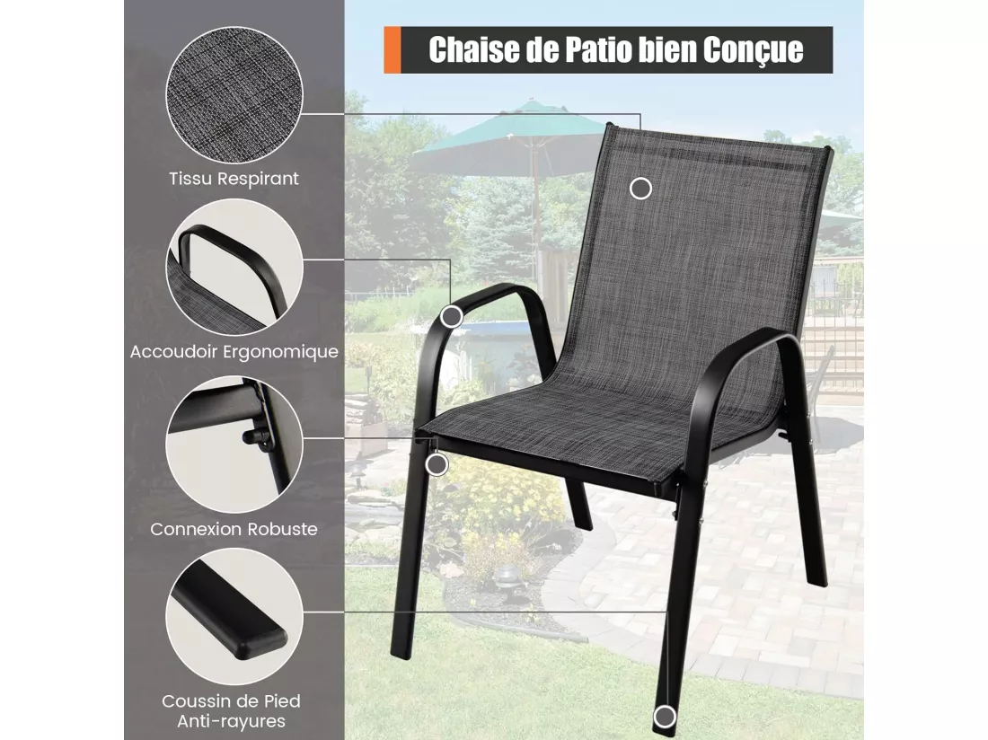 Lot de 4 Chaises de Jardin, Charge 120 kg Empilable pour Terrasse, Balcon, Patio, 83 x 68 x 56 cm, en Métal & Tissu et velours,Gris