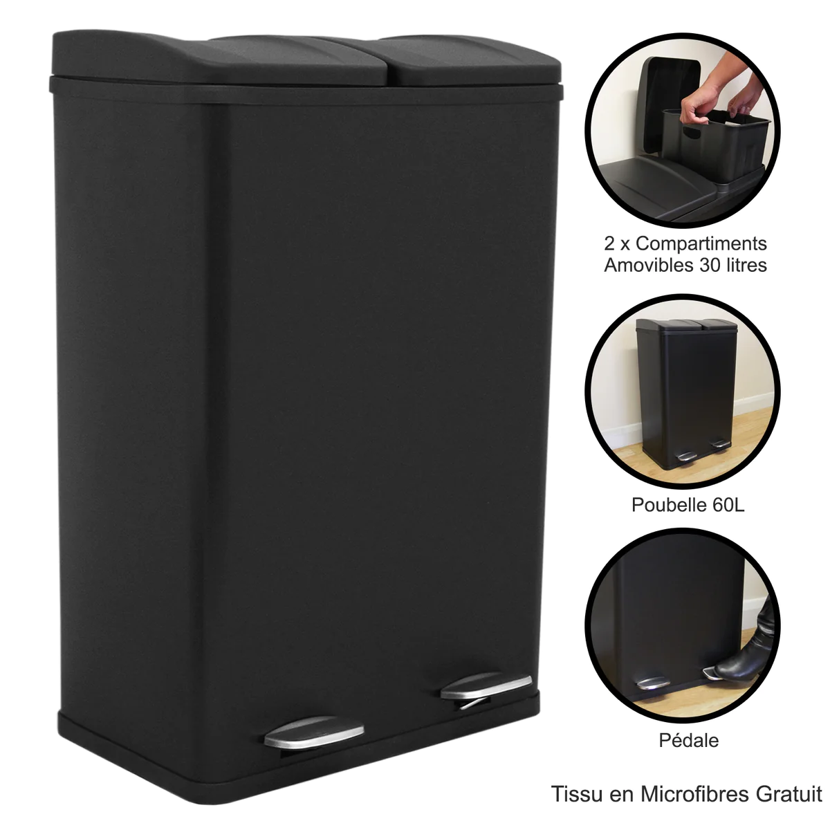Poubelle de Recyclage 60L Double Noire Kukoo