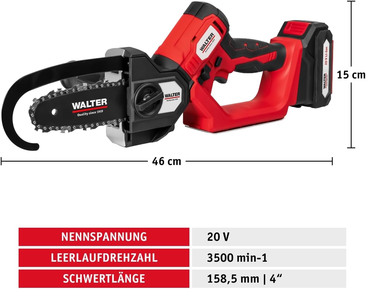 WALTER Akku-Kettensäge & Stichsäge 2-in-1 20V Li-Ion Bürstenloser Motor, schwenkbarer Kopf, 120 mm Schnittleistung Rückschlagschutz & Soft-Grip Für Holz Äste Baumzuschnitt | Akku & Schnellladegerät