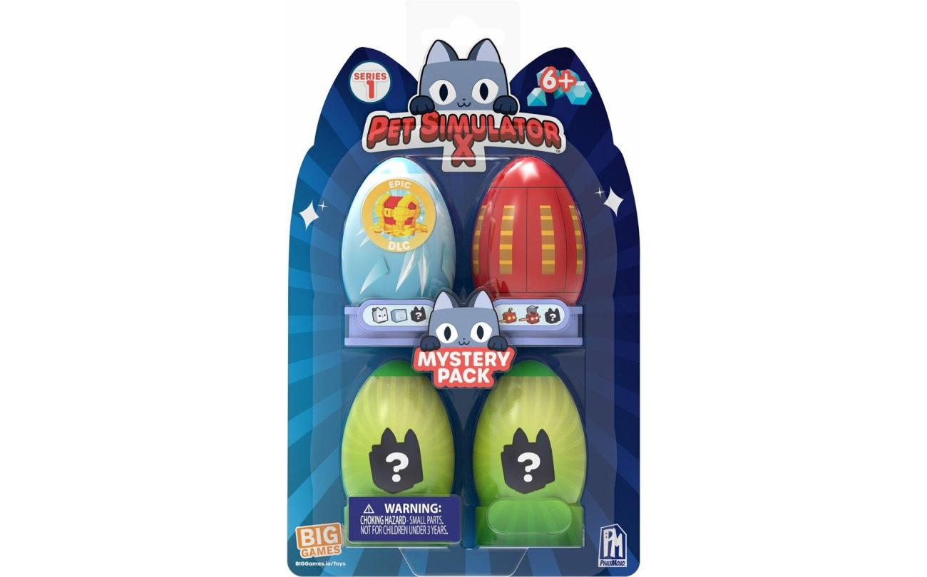 Pet Simulator X - Mini Figuren 4-PackIn een pack zitten 4 eieren en in elk ei zit een willekeurig minifiguur! Je kan gouden, rainbow en zelfs ‘dark matter’ dieren vinden.