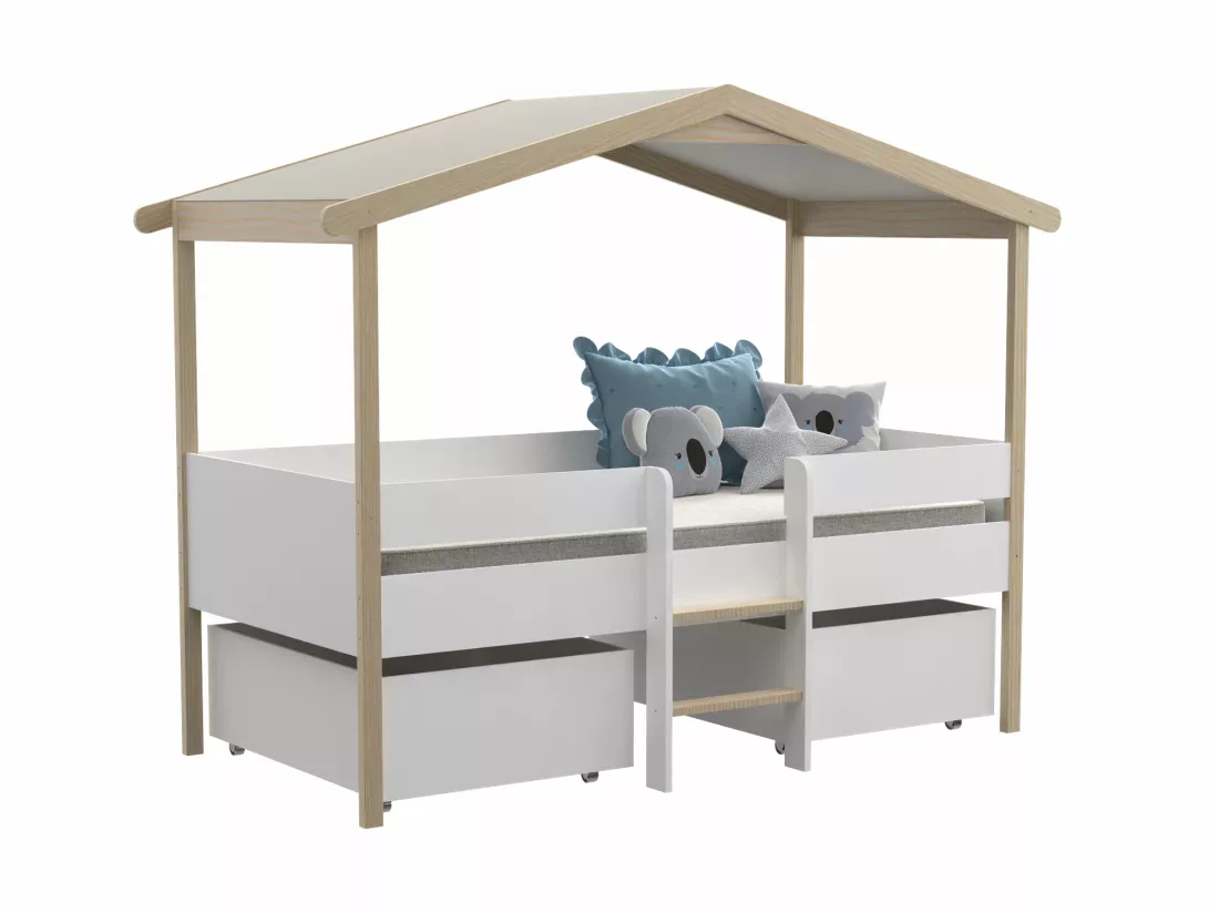 Lit cabane SAROSI avec tiroirs - 90 x 190 cm - Tilleul - Blanc et chêne + matelas