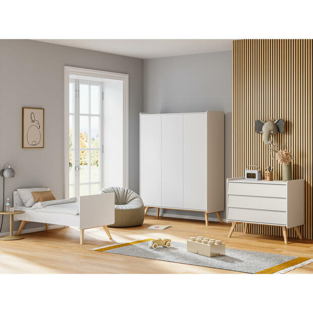 Chambre trio lit évolutif 70x140 cm + Commode + Armoire 3 portes Vintage - Blanc/chêne - VOX