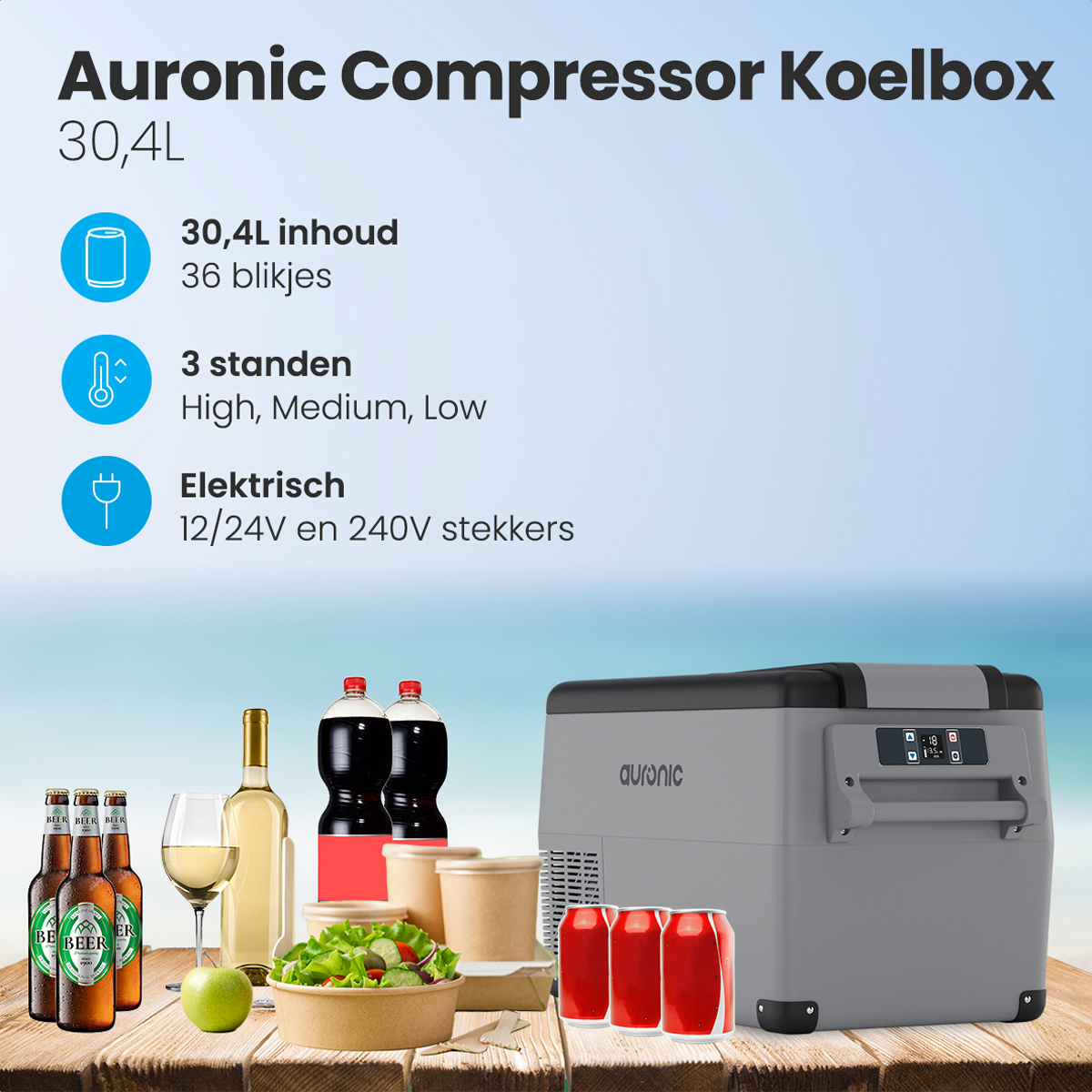 Auronic 30,4 liter compressor koelbox - Grey