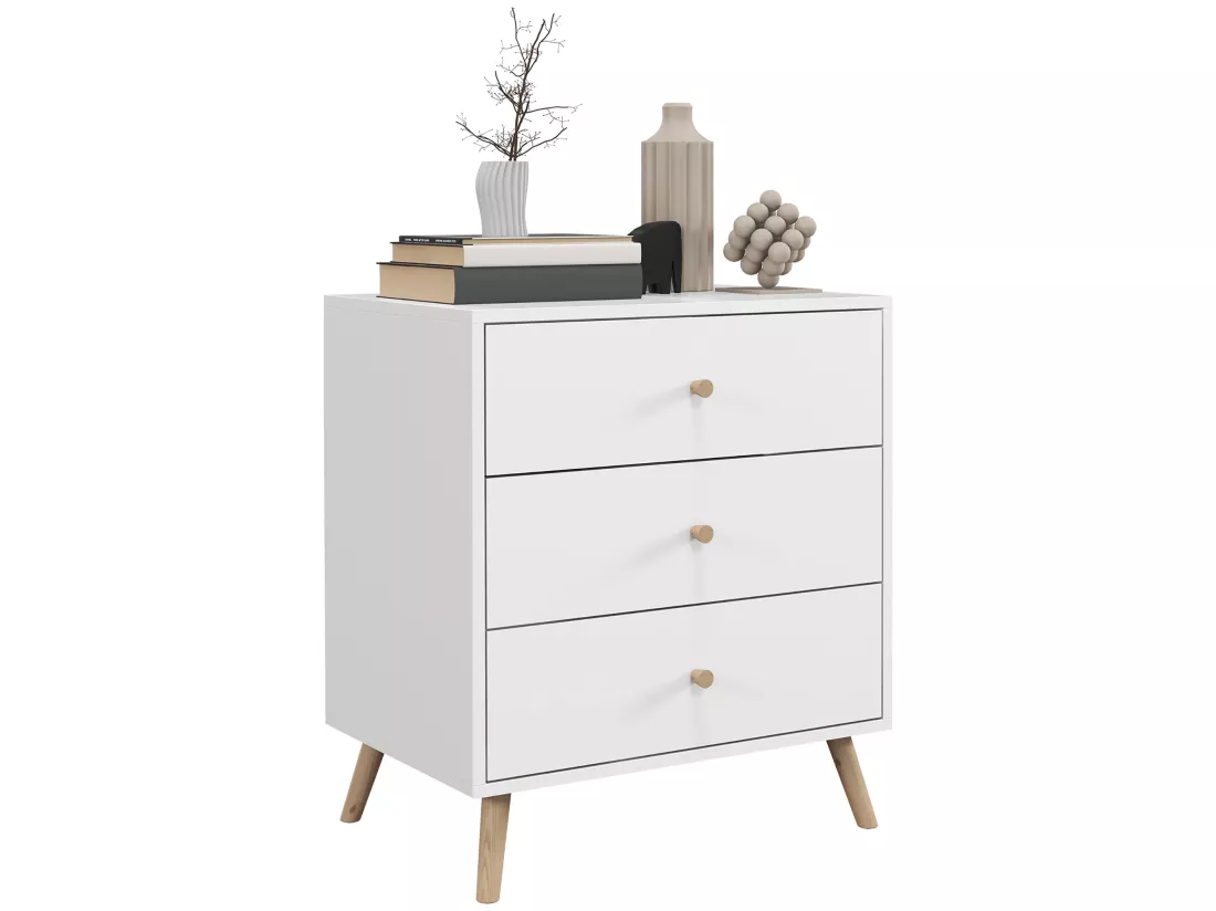 Commode 3 tiroirs design scandinave piètement effilé incliné bois pin MDF blanc
