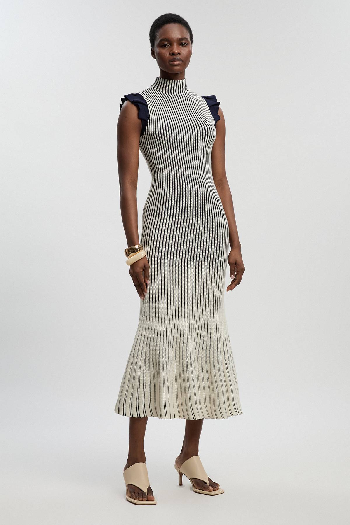 KarenMillen Robe Midi Tricotée À Manches Volantées Pointelle Petite Taille