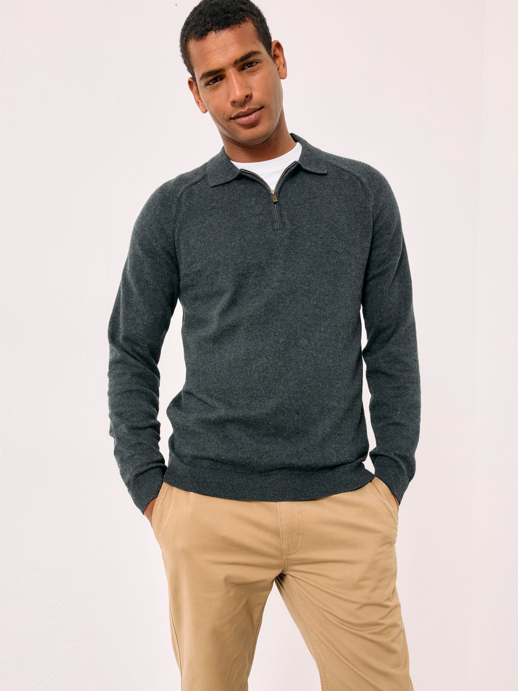 Antraciet - FatFace Zip Collar Knitted Polo Jumper