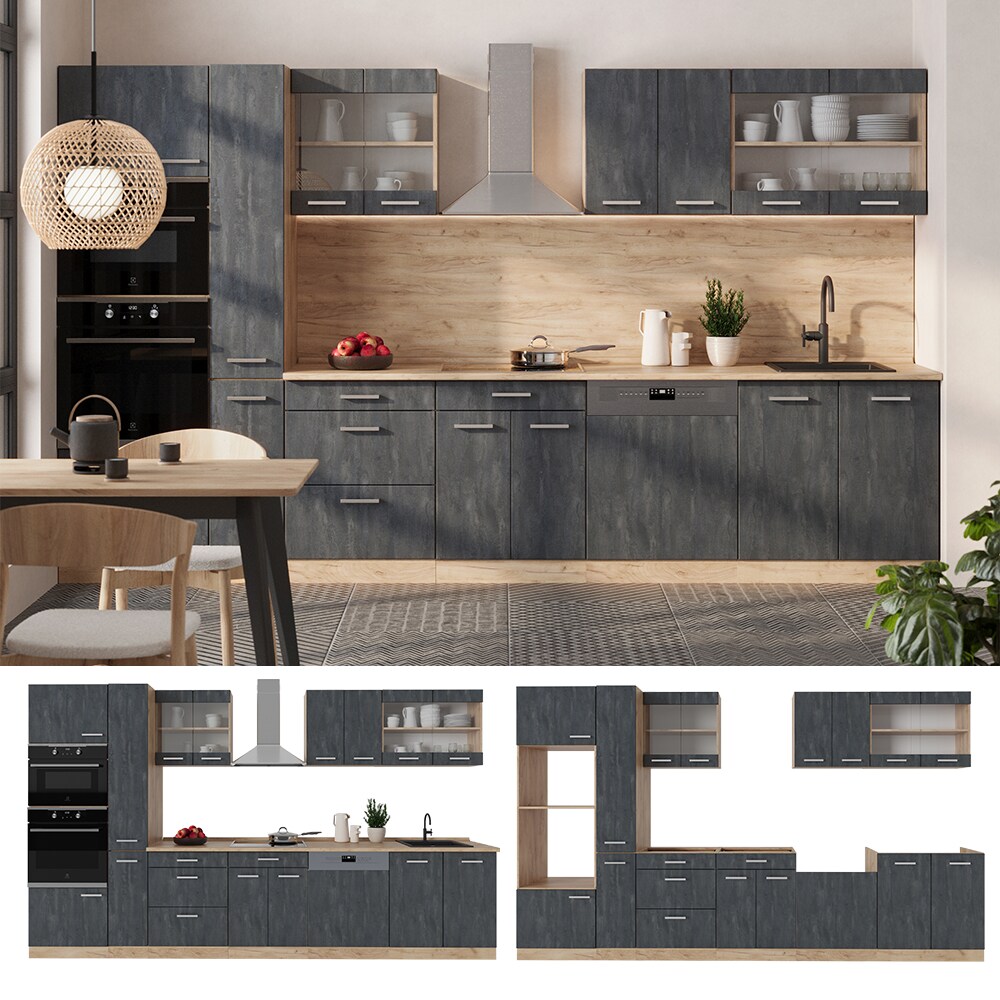 Vicco Küchenzeile R-Line 350 cm Schwarz Beton Eiche ohne Arbeitsplatte