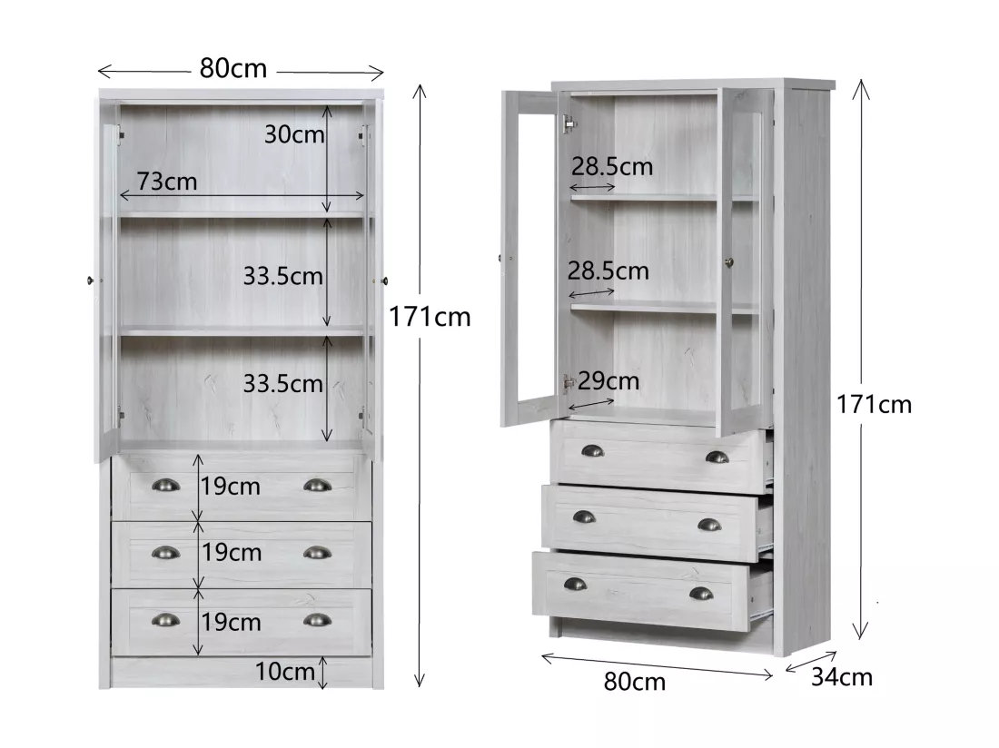 Armoire haute moderne 80x34x171 cm - avec 2 portes vitrées - 3 tiroirs - blanc