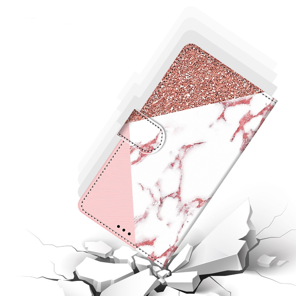 iPhone 13 Pro Leder Tasche mit Kartenfächer   Handschlaufe - Marble Marmor (Roségold / Weiss)