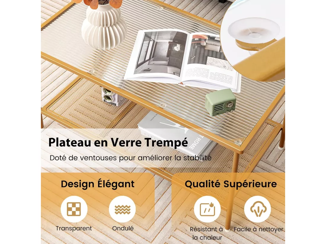 Table Basse Rectangulaire, Table Basse Verre avec Étagère en Maille, Cadre en Métal Doré, Design Moderne, Table Salon, Assemblage Facile, 90 x 50 x 46 cm