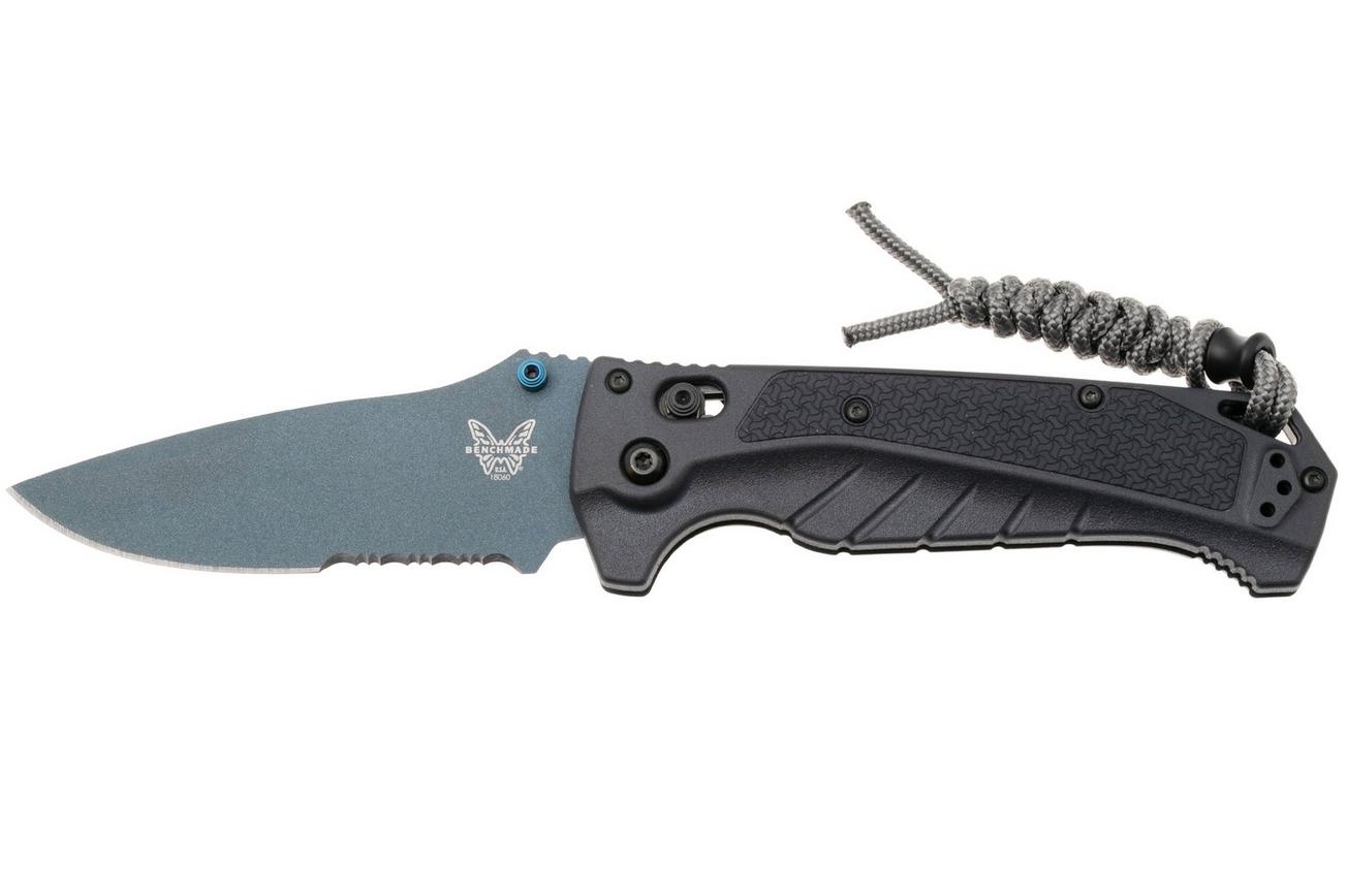 Benchmade Adira 18060SBT-01 Blue Titanium Cerakote CPM MagnaCut, Tempest Gray Grivory, Serrated zakmes