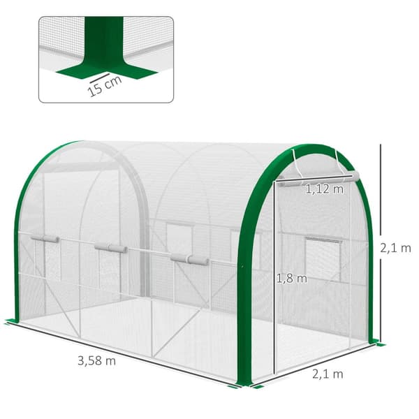 Foliedrivhus 3,58 x 2,1 x 2,1 m tunneldrivhus med rulledør for hage og balkong, galvanisert stål, hvit