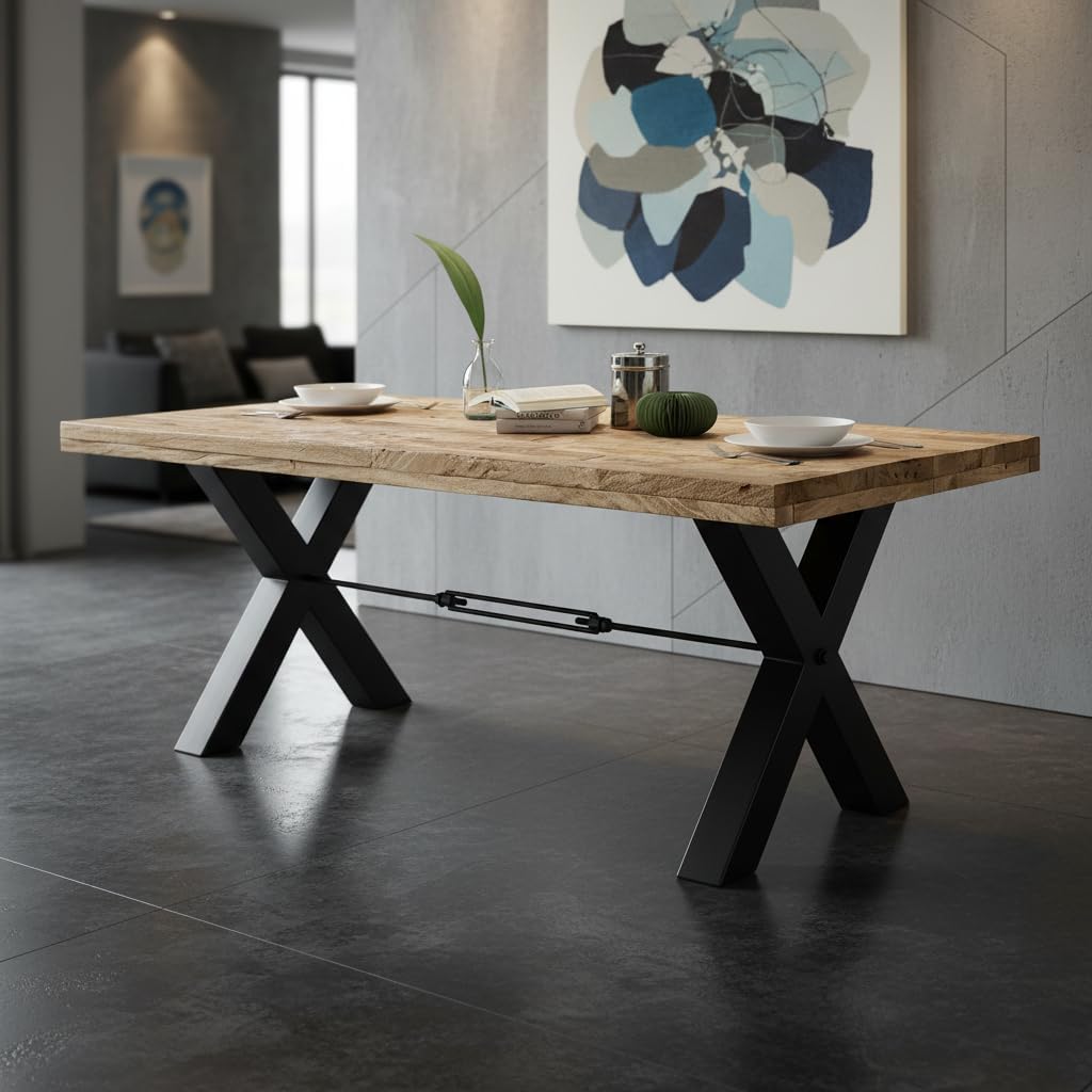 DEHLI Esstisch Massivholz Mango - Hochwertiger Esszimmertisch mit X-förmigem Metallgestell für Ihr Esszimmer - 200 x 77 x 100 cm (B/H/T)